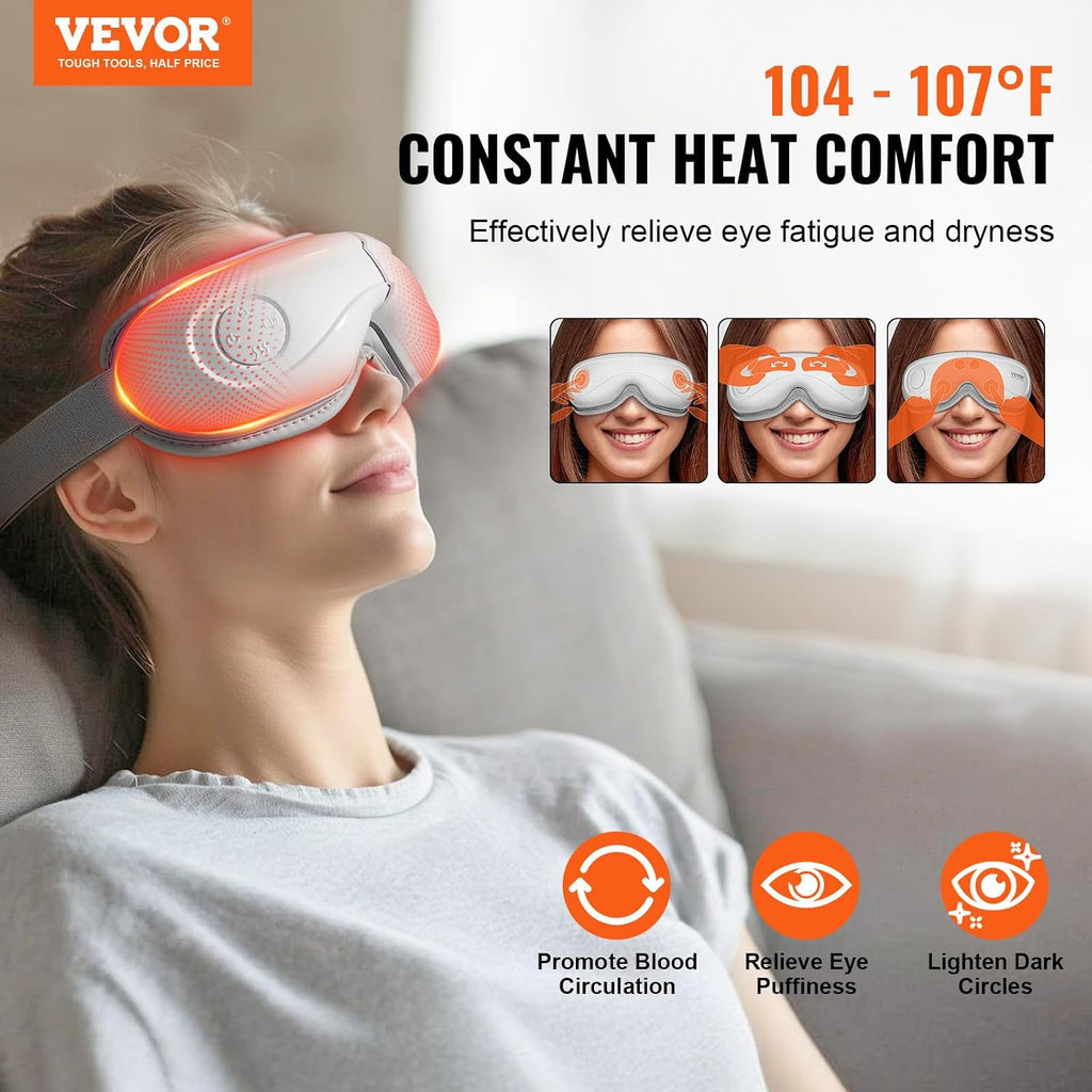 Eye Massager with Heat, Heated Eye Massage Mask with 5 Modes and Bluetooth Music, 180° Foldable Eye Care Massager for Migraines, Eye Strain, Dark Circles, Ideal Gift for Mom/Dad, White