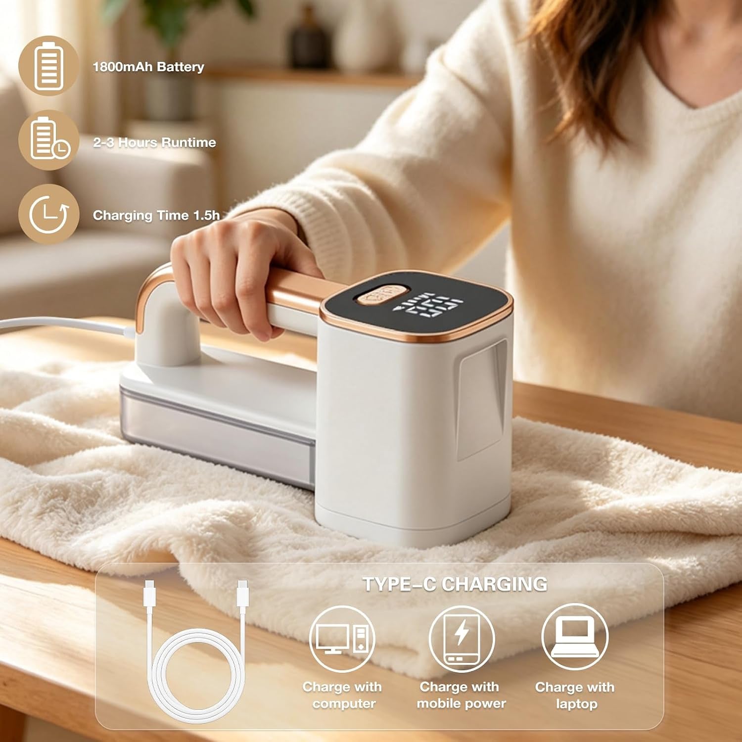 Fabric Shaver Rechargeable Lint Remover with 3 Extra Blades & Light