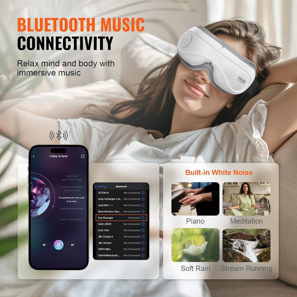 Eye Massager with Heat, Heated Eye Massage Mask with 5 Modes and Bluetooth Music, 180° Foldable Eye Care Massager for Migraines, Eye Strain, Dark Circles, Ideal Gift for Mom/Dad, White