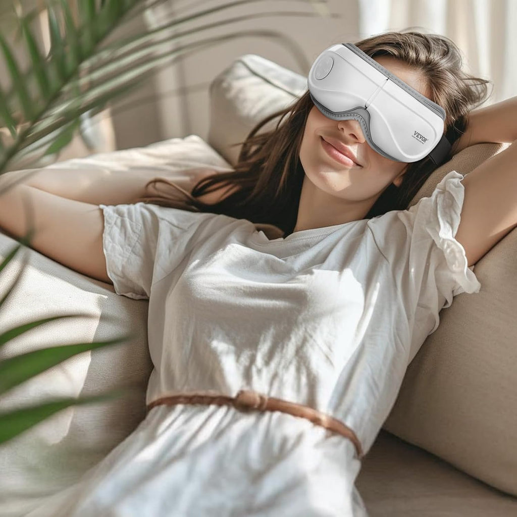 Eye Massager with Heat, Heated Eye Massage Mask with 5 Modes and Bluetooth Music, 180° Foldable Eye Care Massager for Migraines, Eye Strain, Dark Circles, Ideal Gift for Mom/Dad, White