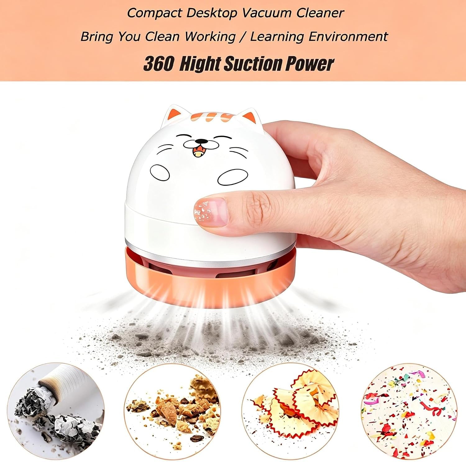 Mini Desktop Vacuum Cleaner, Portable USB Vacuum Cleaner for Desk Mini Cute Cartoon Desktop Vacuum for Cleaning Eraser Crumbs, Dust, Crumbs, Computer, Keyboard and Car (White Orange)