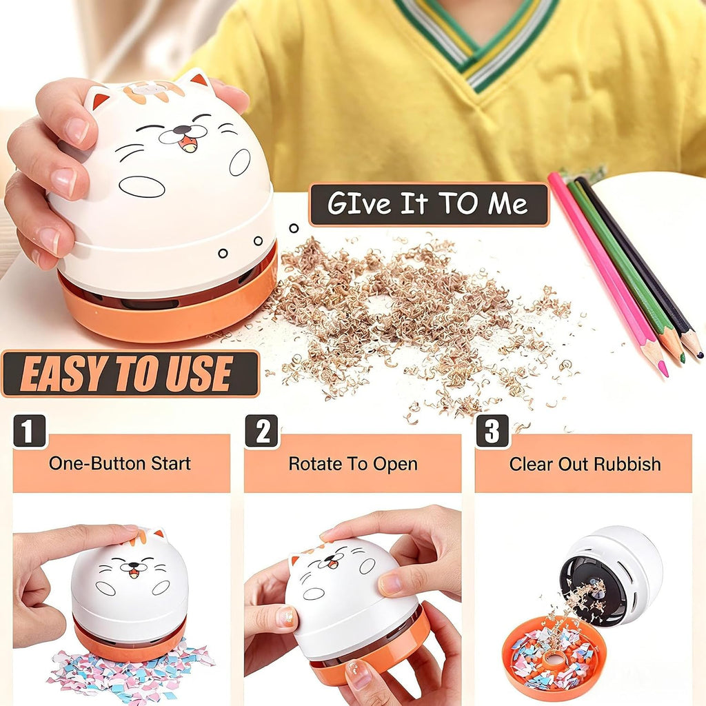 Mini Desktop Vacuum Cleaner, Portable USB Vacuum Cleaner for Desk Mini Cute Cartoon Desktop Vacuum for Cleaning Eraser Crumbs, Dust, Crumbs, Computer, Keyboard and Car (White Orange)