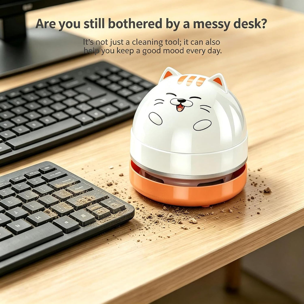Mini Desktop Vacuum Cleaner, Portable USB Vacuum Cleaner for Desk Mini Cute Cartoon Desktop Vacuum for Cleaning Eraser Crumbs, Dust, Crumbs, Computer, Keyboard and Car (White Orange)
