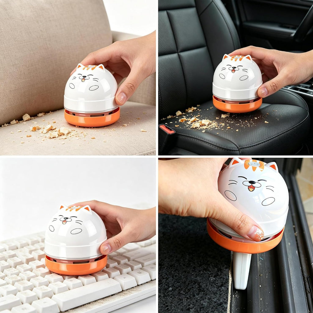 Mini Desktop Vacuum Cleaner, Portable USB Vacuum Cleaner for Desk Mini Cute Cartoon Desktop Vacuum for Cleaning Eraser Crumbs, Dust, Crumbs, Computer, Keyboard and Car (White Orange)