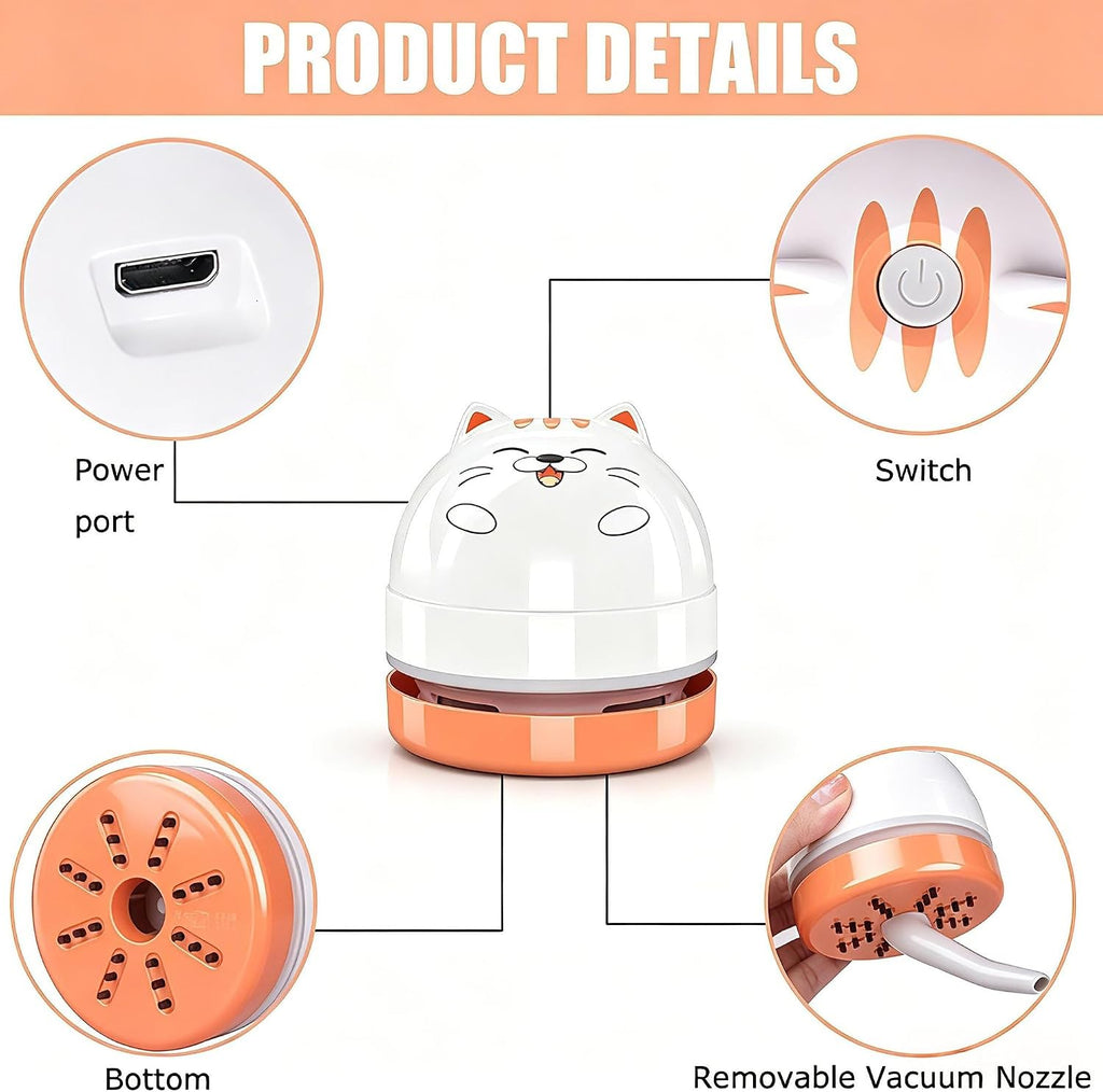 Mini Desktop Vacuum Cleaner, Portable USB Vacuum Cleaner for Desk Mini Cute Cartoon Desktop Vacuum for Cleaning Eraser Crumbs, Dust, Crumbs, Computer, Keyboard and Car (White Orange)