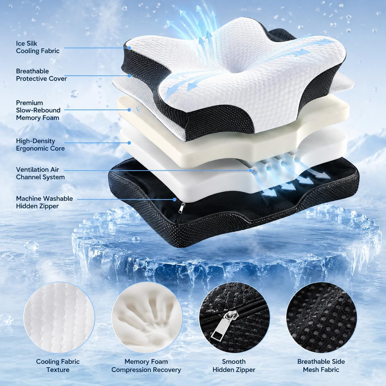 Memory Foam Pillow for Neck Pain, Cooling Cervical Support Pillow Ergonomic