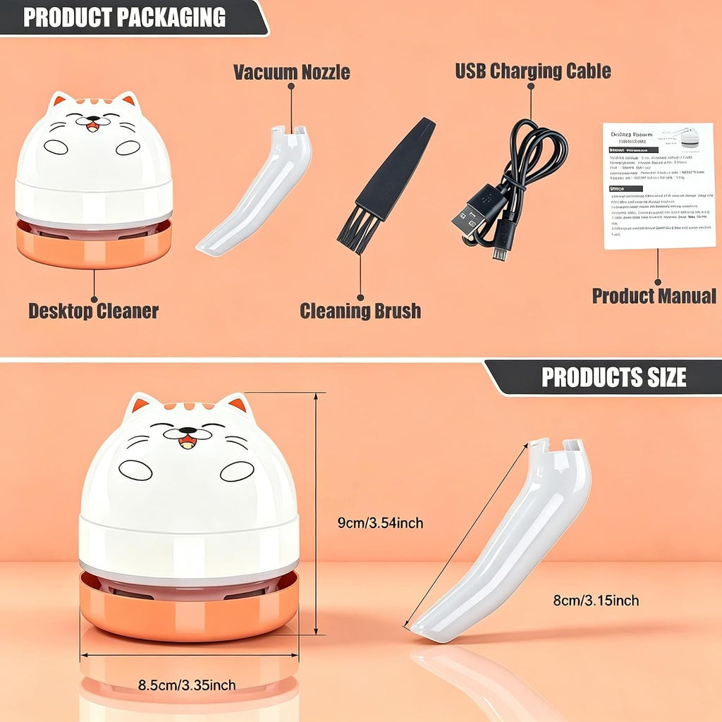 Mini Desktop Vacuum Cleaner, Portable USB Vacuum Cleaner for Desk Mini Cute Cartoon Desktop Vacuum for Cleaning Eraser Crumbs, Dust, Crumbs, Computer, Keyboard and Car (White Orange)