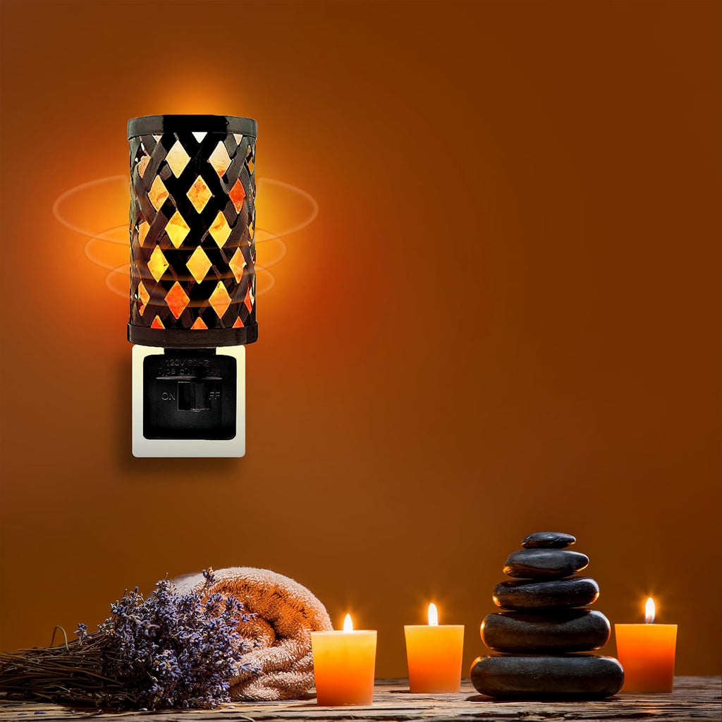 Himalayan Glow Lattice Style Basket Salt Lamp Night Light with Pink Salt Chunks | 360 Degree Rotatable Wall Plug, Ideal Gift for Home Décor