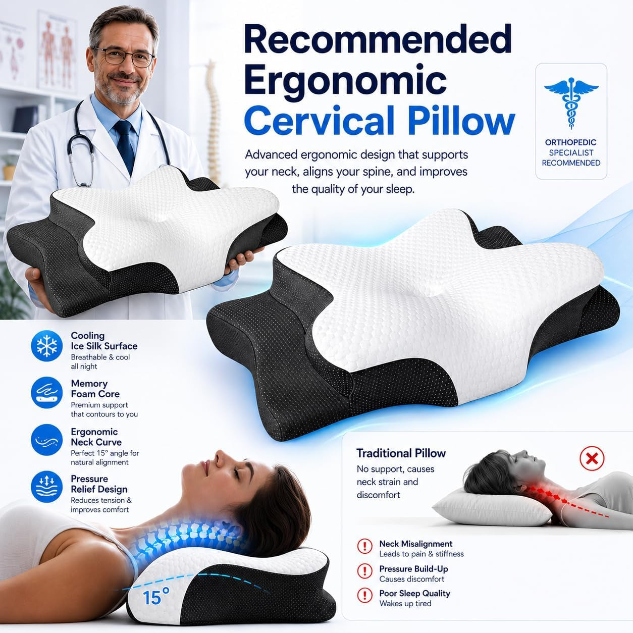 Memory Foam Pillow for Neck Pain, Cooling Cervical Support Pillow Ergonomic